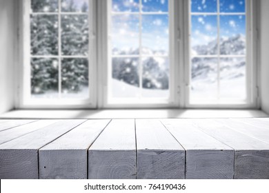 Desk Of Free Space For Your Decoration. Winter Window With Landscape And Snow .