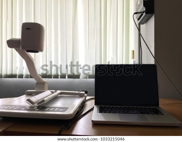 Desk Has Laptop On Table Smart Stock Photo Edit Now 1033215046