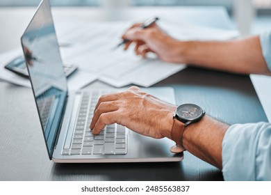 Desk, laptop and hands with paperwork in office for bookkeeping, payroll or monthly profit. Finance, administration and business person with computer for accounting, tax audit or planning budget - Powered by Shutterstock