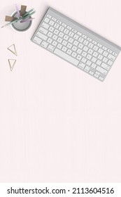 Desk mockup, desk top view, keyboard top view, pink background, pinterest size, social media marketing, office flatlay, workspace top view, table top view, paperclips, stationery