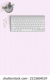 Desk Mockup, Desk Top View, Keyboard Top View, Pink Background, Pinterest Size, Social Media Marketing, Office Flatlay, Workspace Top View, Table Top View, Paperclips, Stationery