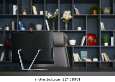 Desk with monitor in the office. Workplace, home office