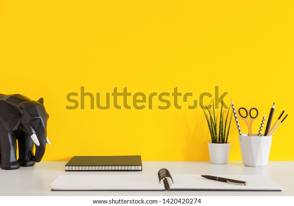 Desk Notebook Open Stationery Elephant Decoration Stock Photo