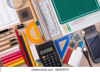 Desk With School Stationary Or Office Tools. Flat Lay Set Of Artist School Stationery Studio Shot On School Table Background. School Equipment Concept.