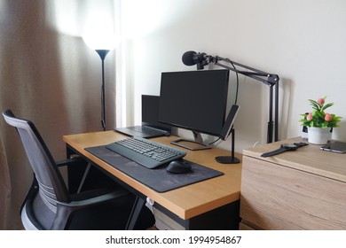 Desk setup in studio for work from home podcast