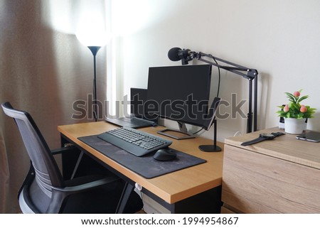 Desk setup in studio for work from home podcast