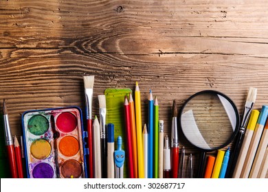 Desk With Stationary. Studio Shot On Wooden Background. 