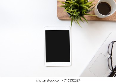 Desk Table Top Overhead Space Design Layout Place Right Tablet Isolated For Insert In Screen And Plant With Coffee Cup On Wood Down Have Glasses Laptop