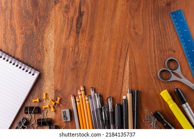 Desk Top View With Office Supplies, Wooden Desk.