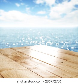 Desk Of Yellow Wood Sea Sky And Summer Day 