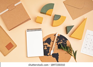 Desktop with clipboard and recyclable office supplies. Home office, social media blog, schedule, planning mockup. Flat lay, top view