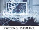 Desktop computer background and DNA drawing. Double exposure. Science concept.