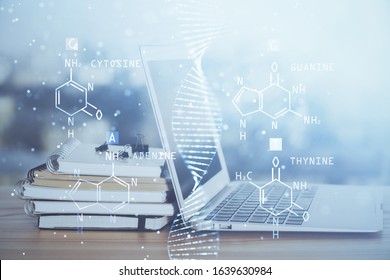 Desktop Computer Background And DNA Drawing. Double Exposure. Science Concept.