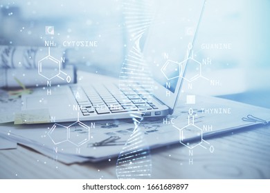 Desktop computer background and DNA drawing. Double exposure. Science concept.
