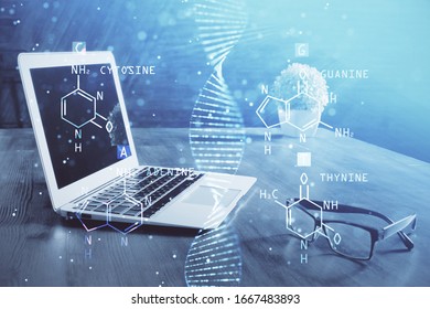 Desktop Computer Background And DNA Drawing. Double Exposure. Science Concept.