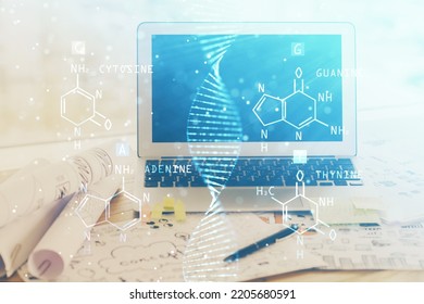 Desktop Computer Background And DNA Drawing. Double Exposure. Science Concept.