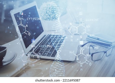 Desktop Computer Background And DNA Drawing. Double Exposure. Science Concept.