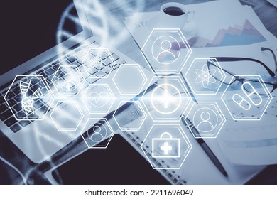 Desktop Computer Background And DNA Drawing. Double Exposure. Science Concept.