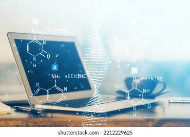 Desktop Computer Background And DNA Drawing. Double Exposure. Science Concept.