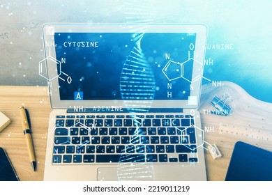 Desktop Computer Background And DNA Drawing. Double Exposure. Science Concept.