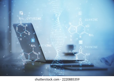 Desktop Computer Background And DNA Drawing. Double Exposure. Science Concept.