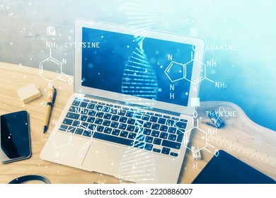 Desktop Computer Background And DNA Drawing. Double Exposure. Science Concept.