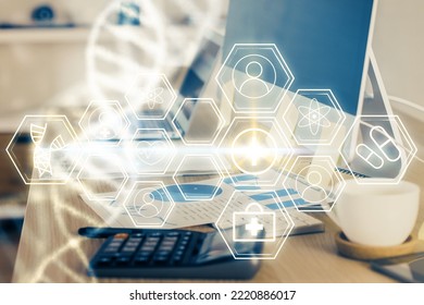 Desktop Computer Background And DNA Drawing. Double Exposure. Science Concept.