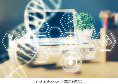 Desktop Computer Background And DNA Drawing. Double Exposure. Science Concept.