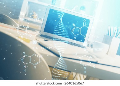 Desktop computer background and DNA drawing. Double exposure. Science concept.