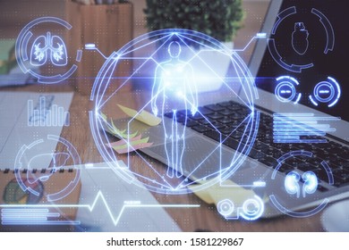 Desktop computer background and education theme drawing. Double exposure. Study concept.