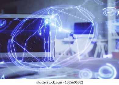 Desktop computer background and education theme drawing. Double exposure. Study concept.