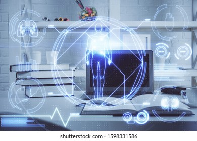 Desktop computer background and education theme drawing. Double exposure. Study concept.