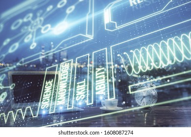 Desktop computer background and education theme drawing. Double exposure. Study concept.