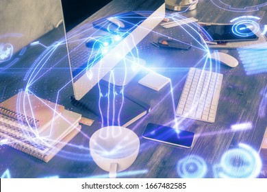 Desktop computer background and education theme drawing. Double exposure. Study concept.