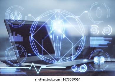 Desktop computer background and education theme drawing. Double exposure. Study concept.