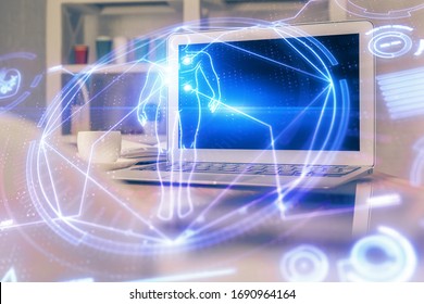 Desktop computer background and education theme drawing. Double exposure. Study concept.