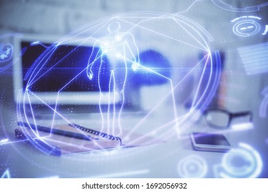 Desktop computer background and education theme drawing. Double exposure. Study concept.