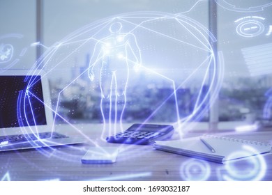 Desktop computer background and education theme drawing. Double exposure. Study concept.