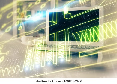 Desktop computer background and education theme drawing. Double exposure. Study concept.
