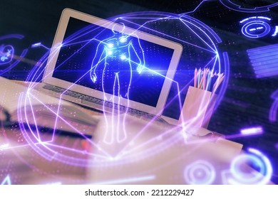 Desktop computer background and education theme drawing. Double exposure. Study concept.