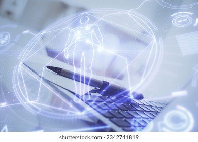 Desktop computer background and education theme drawing. Double exposure. Study concept.