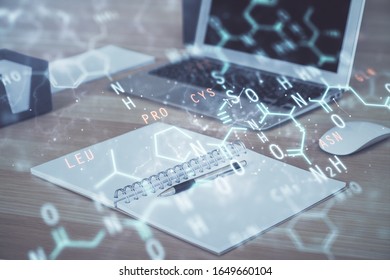 Desktop computer background and formula hologram writing. Double exposure. Education concept.