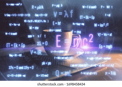 Desktop computer background and formula hologram writing. Double exposure. Education concept.