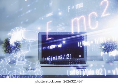 Desktop computer background and formula hologram writing. Double exposure. Education concept.