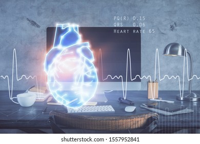 Desktop computer background and heart drawing. Double exposure. Medical study and healthcare concept.