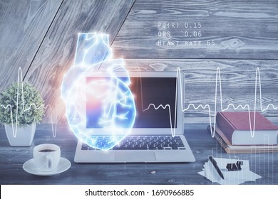 Desktop Computer Background And Heart Drawing. Double Exposure. Medical Study And Healthcare Concept.