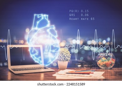 Desktop computer background and heart drawing. Double exposure. Medical study and healthcare concept. - Powered by Shutterstock - Get 15% off with code: PIKWIZARD15