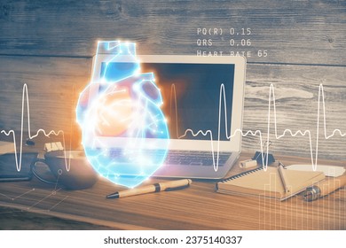 Desktop computer background and heart drawing. Double exposure. Medical study and healthcare concept.