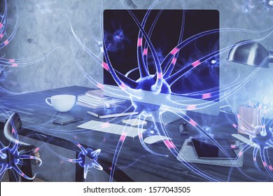 Desktop computer background and neuron drawing. Double exposure. Education concept.