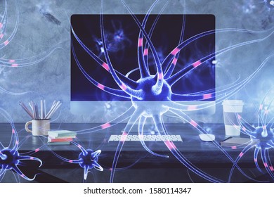 Desktop computer background and neuron drawing. Double exposure. Education concept.